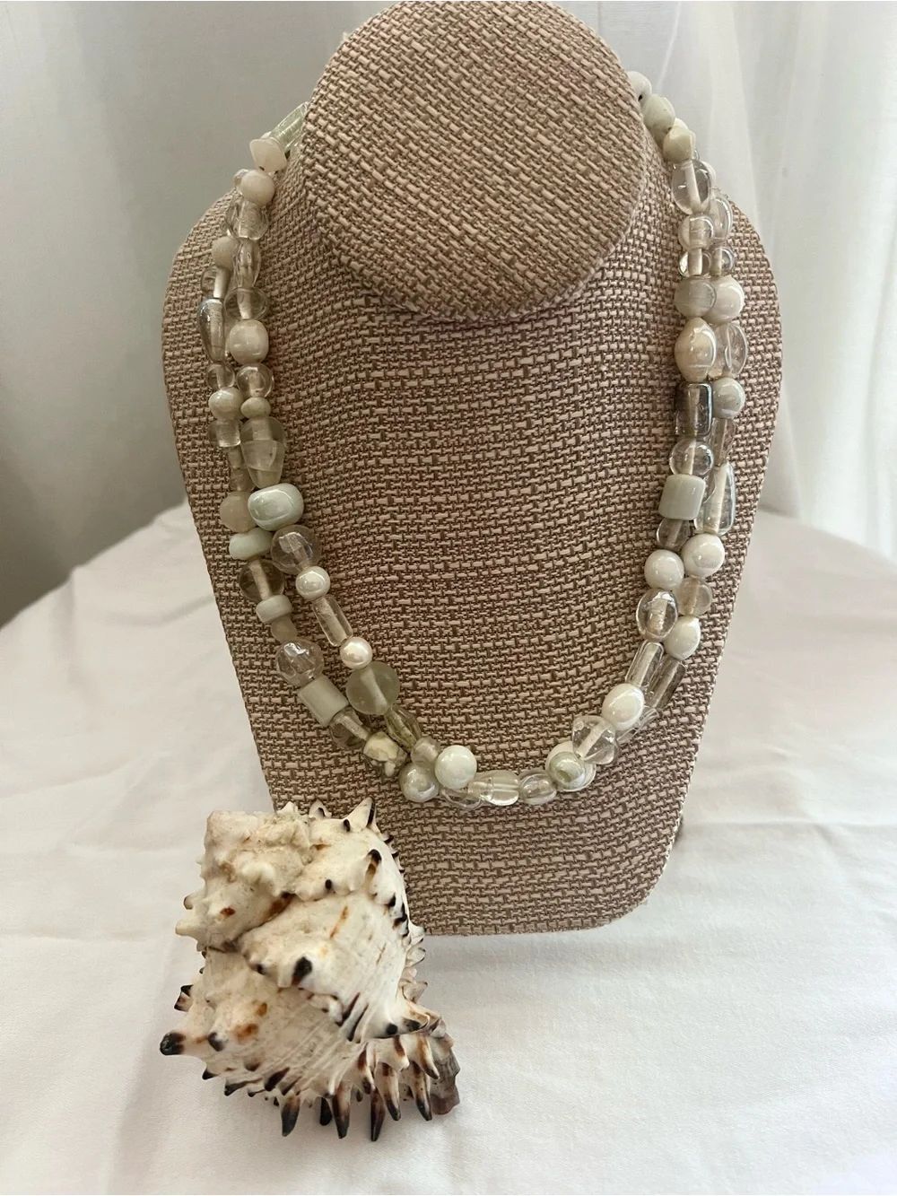Vintage Multi Strand Acrylic Beaded Gray White Clear Statement Coastal Necklace